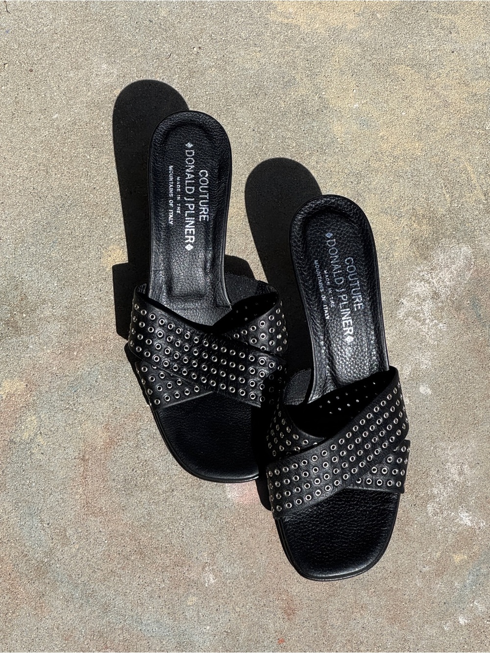 Donald J. Pliner Black Leather Silver Grommet Crisscross Slide Sandals 8.5